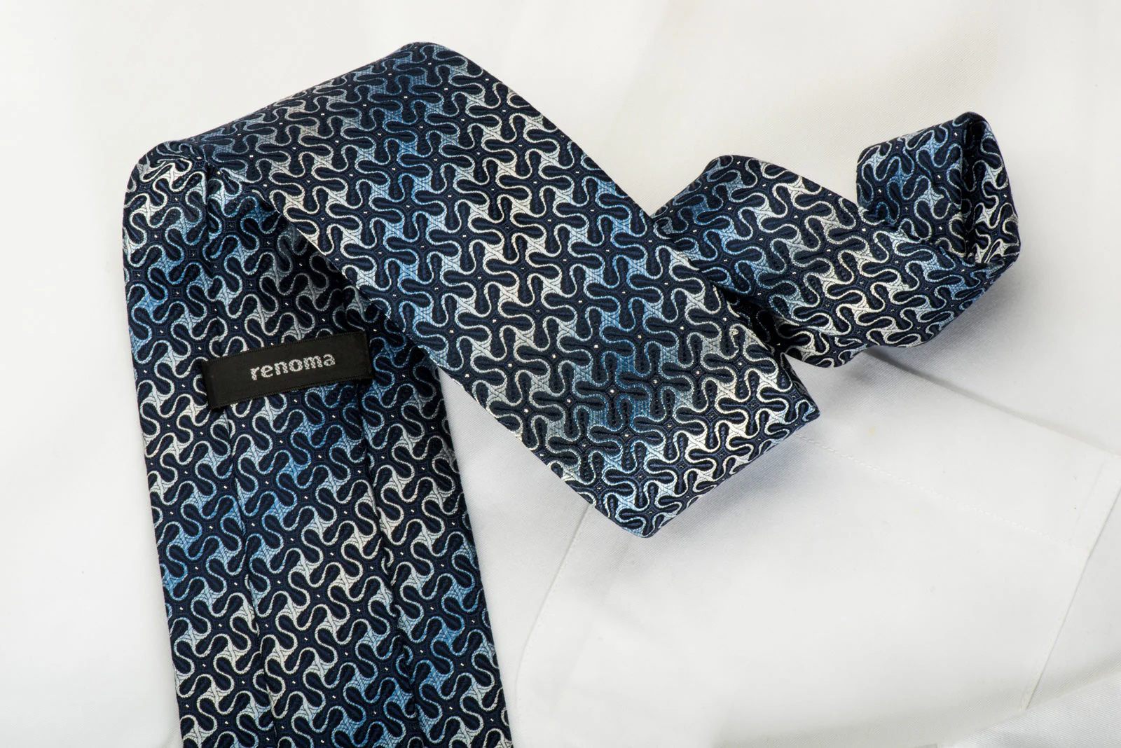 Renoma Silk Necktie Geometric Spirals On Dark Blue With Silver Sparkles - Image 4