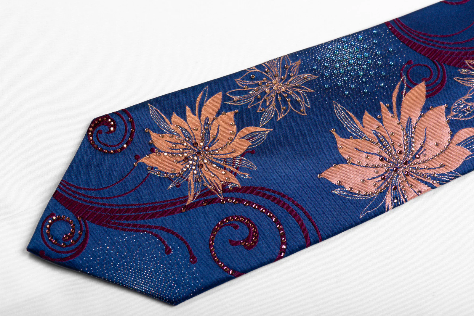 Renoma Silk Necktie Pink Floral & Burgundy Scrolls On Blue With Rhinestones - Image 4