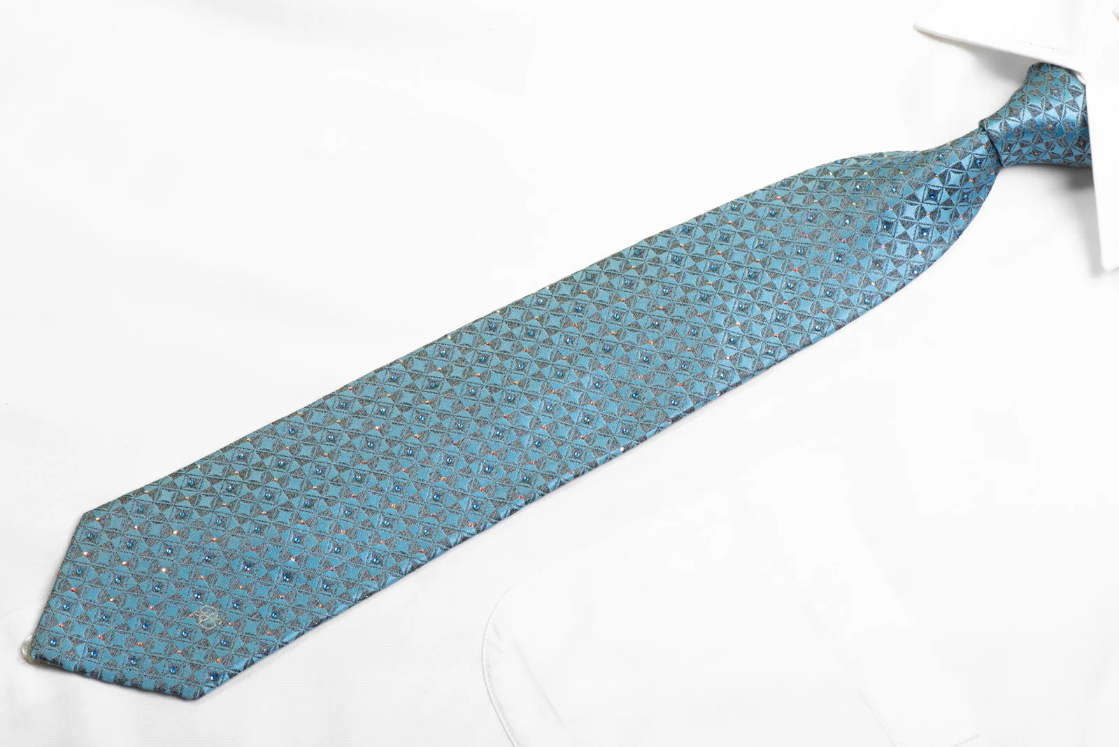 Silk Necktie Silver Blue Geometric With Crystal Rhinestones - Image 3