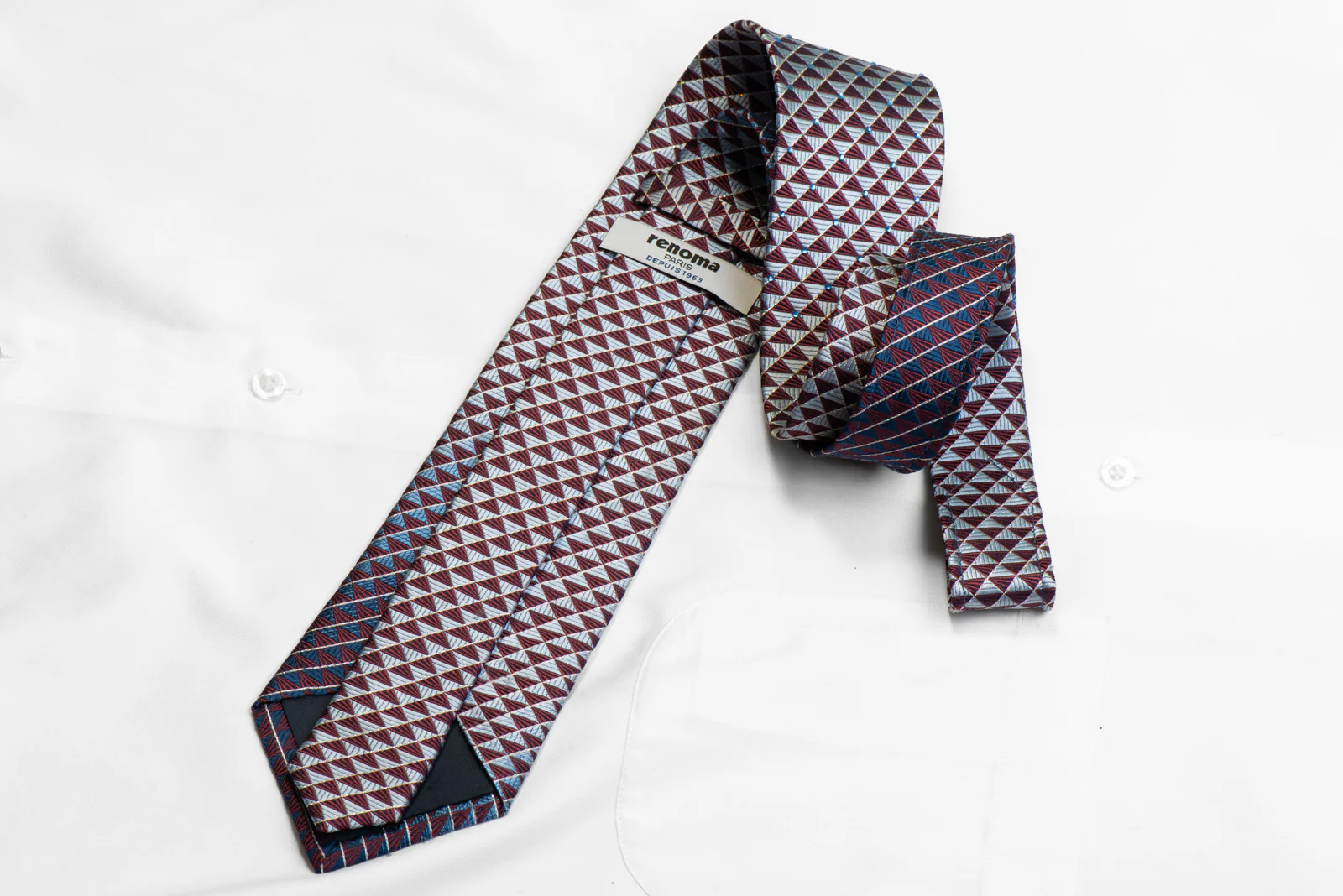Silk Necktie Silver Navy Burgundy Geometric With Rhinestones & Sparkles - Image 4