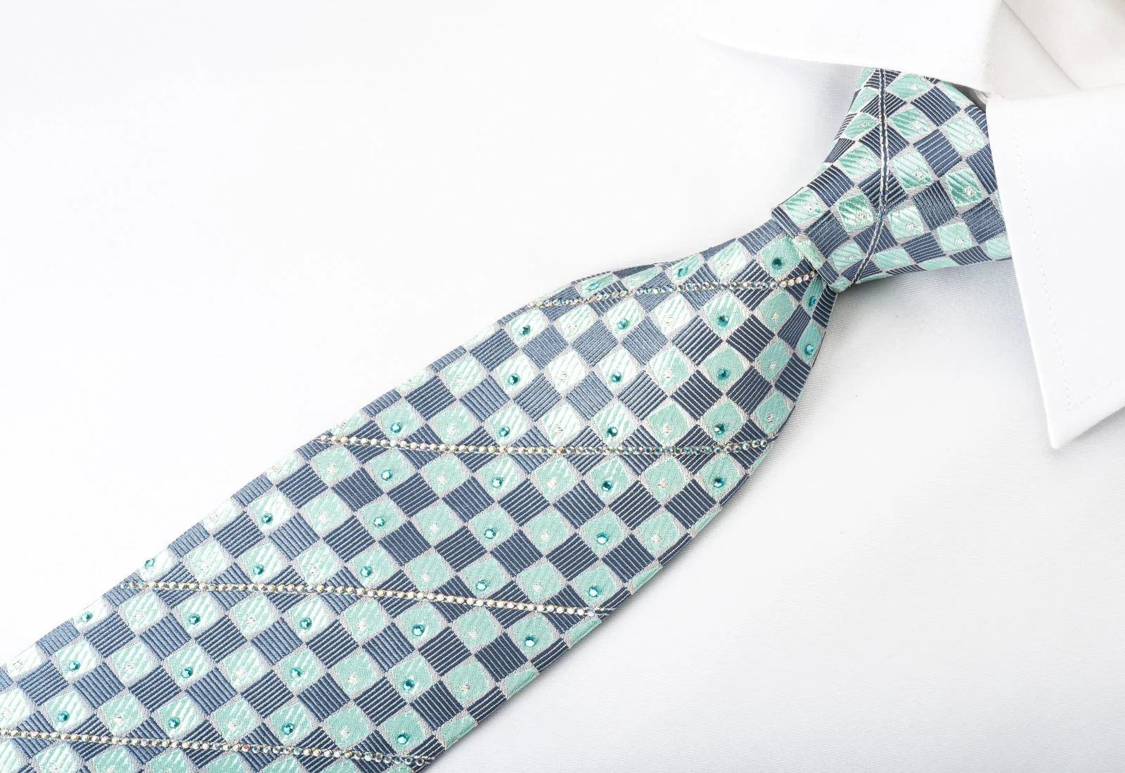 Renoma Silk Rhinestone Necktie Blue Gray Checked With Silver Sparkles - Image 3