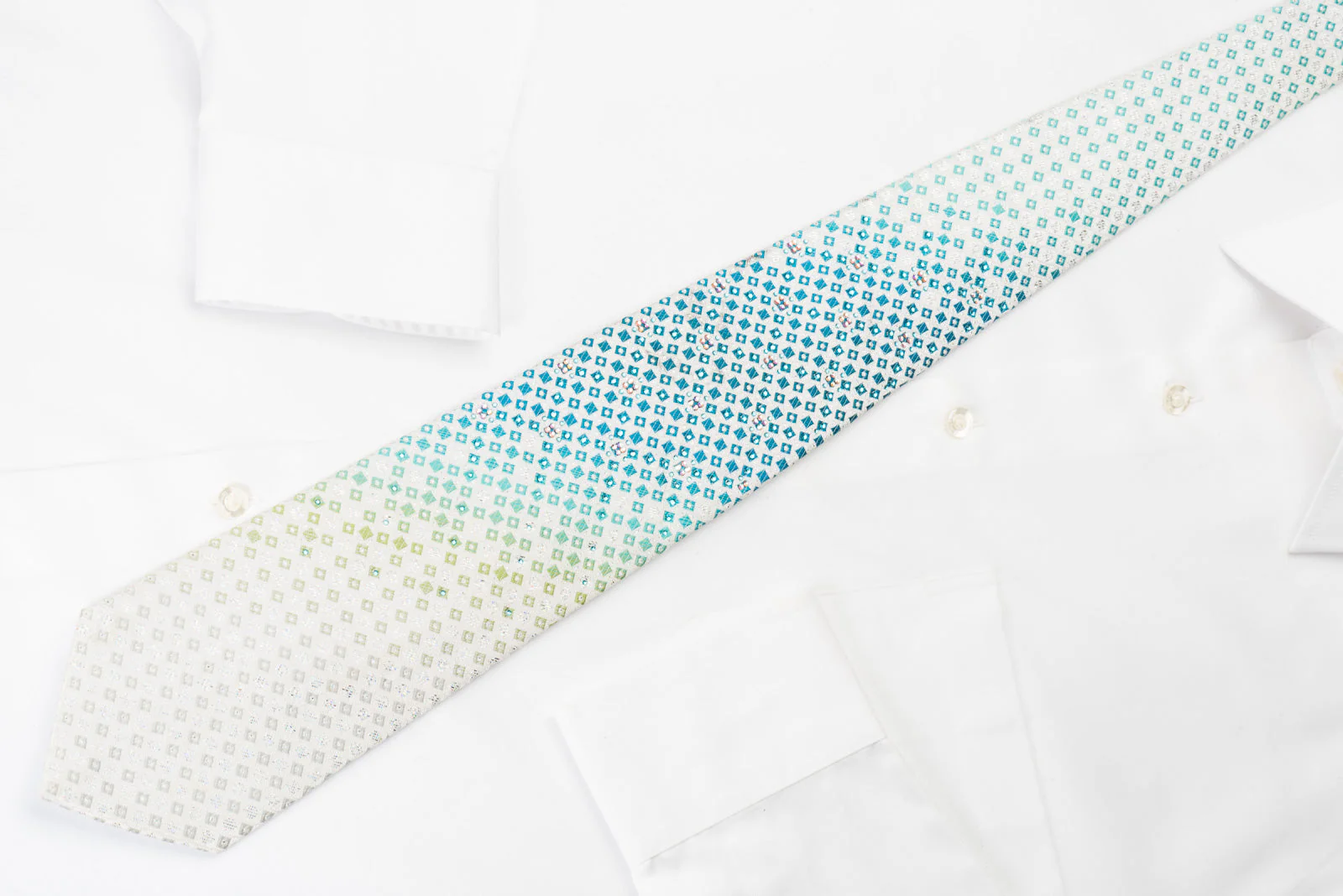 Renoma Silk Rhinestone Necktie Blue Silver Geometric On White With Silver Sparkles - Image 4