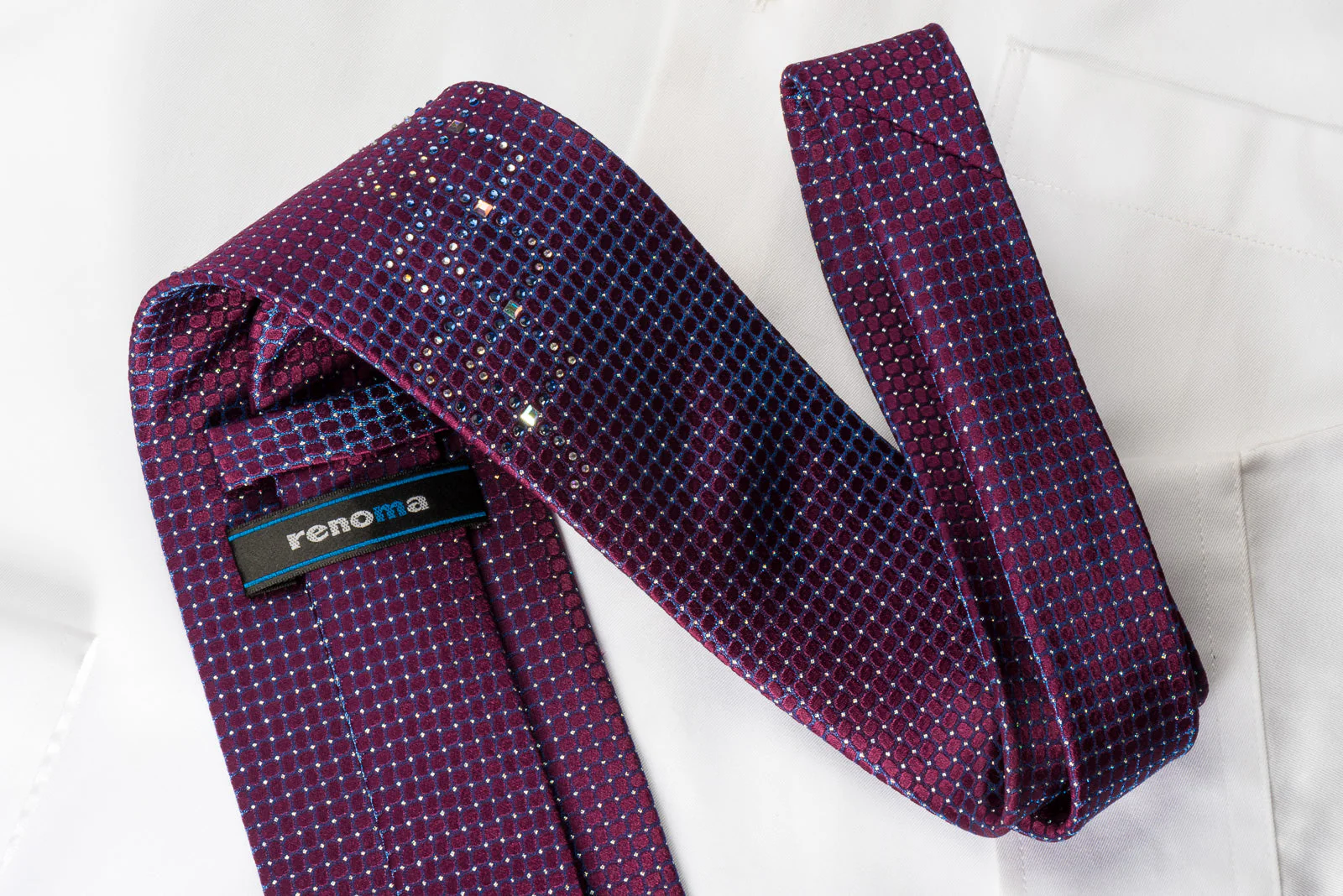 Renoma Silk Rhinestone Necktie Blue Trellis On Purple With Silver Sparkles - Image 7