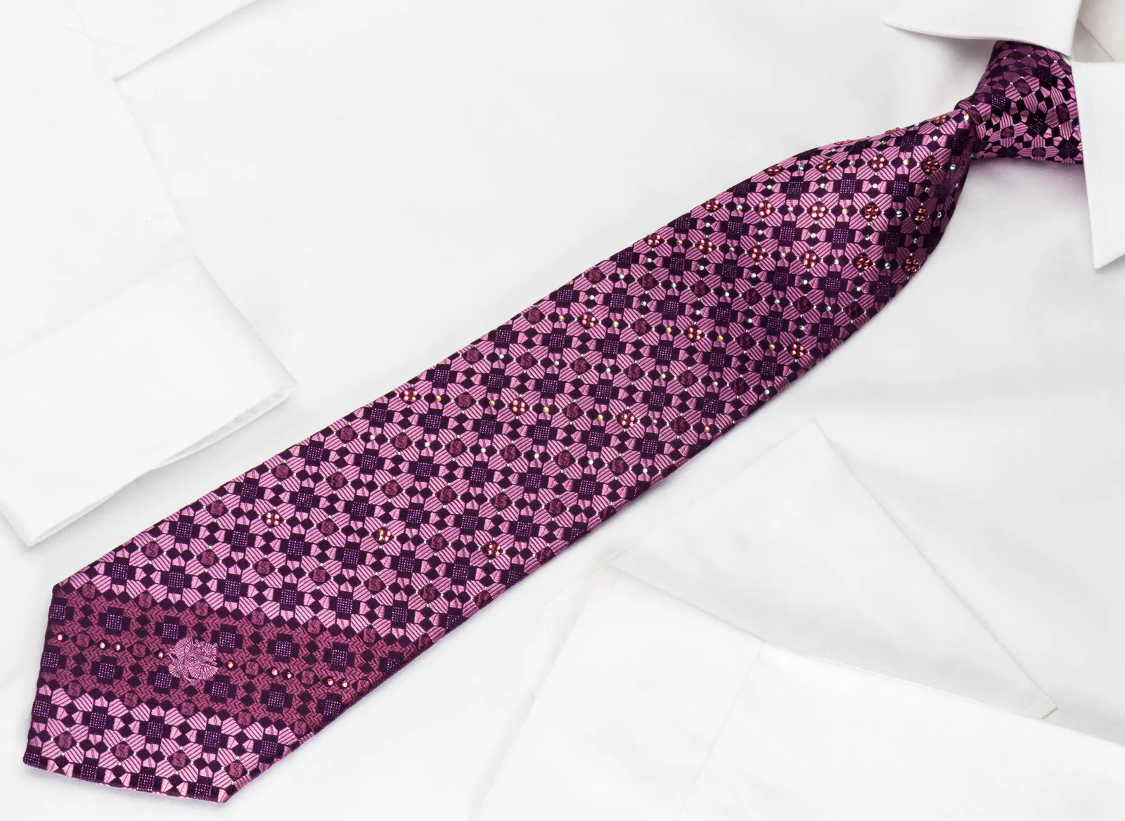 Renoma Silk Rhinestone Necktie Checker On Purple With Purple Sparkles - Image 7