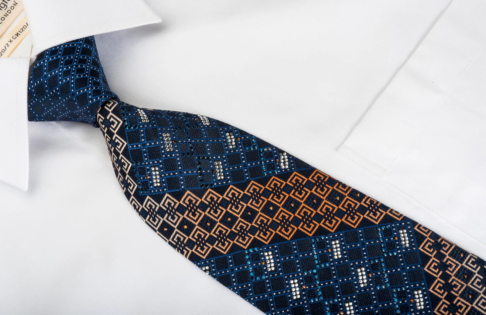 Renoma Silk Rhinestone Necktie Checkered On Blue With Silver Sparkles - Image 2