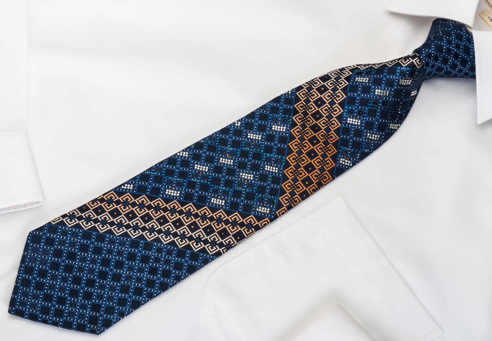 Renoma Silk Rhinestone Necktie Checkered On Blue With Silver Sparkles - Image 6