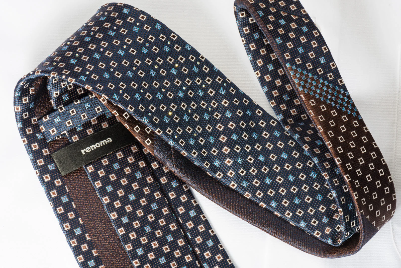 Renoma Silk Rhinestone Necktie Geometric Squares On Blue With Blue Sparkles - Image 3