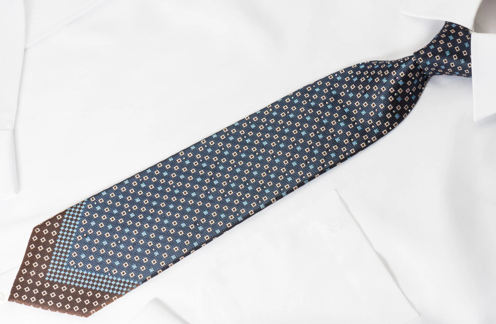 Renoma Silk Rhinestone Necktie Geometric Squares On Blue With Blue Sparkles - Image 4