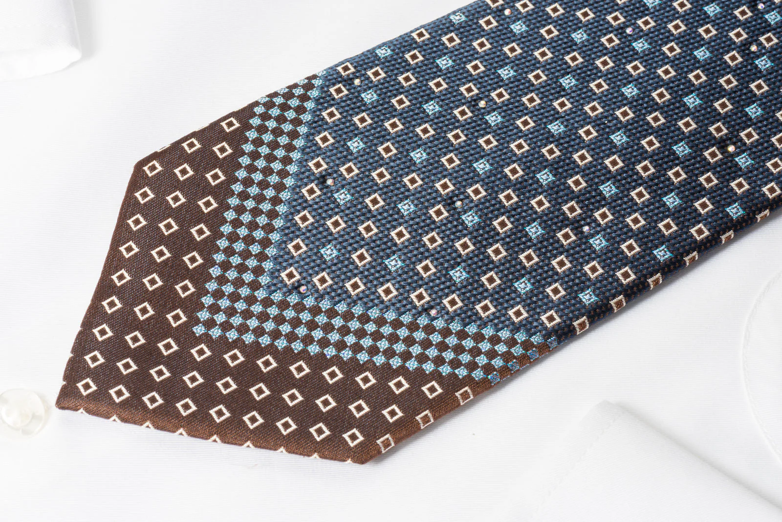 Renoma Silk Rhinestone Necktie Geometric Squares On Blue With Blue Sparkles - Image 5
