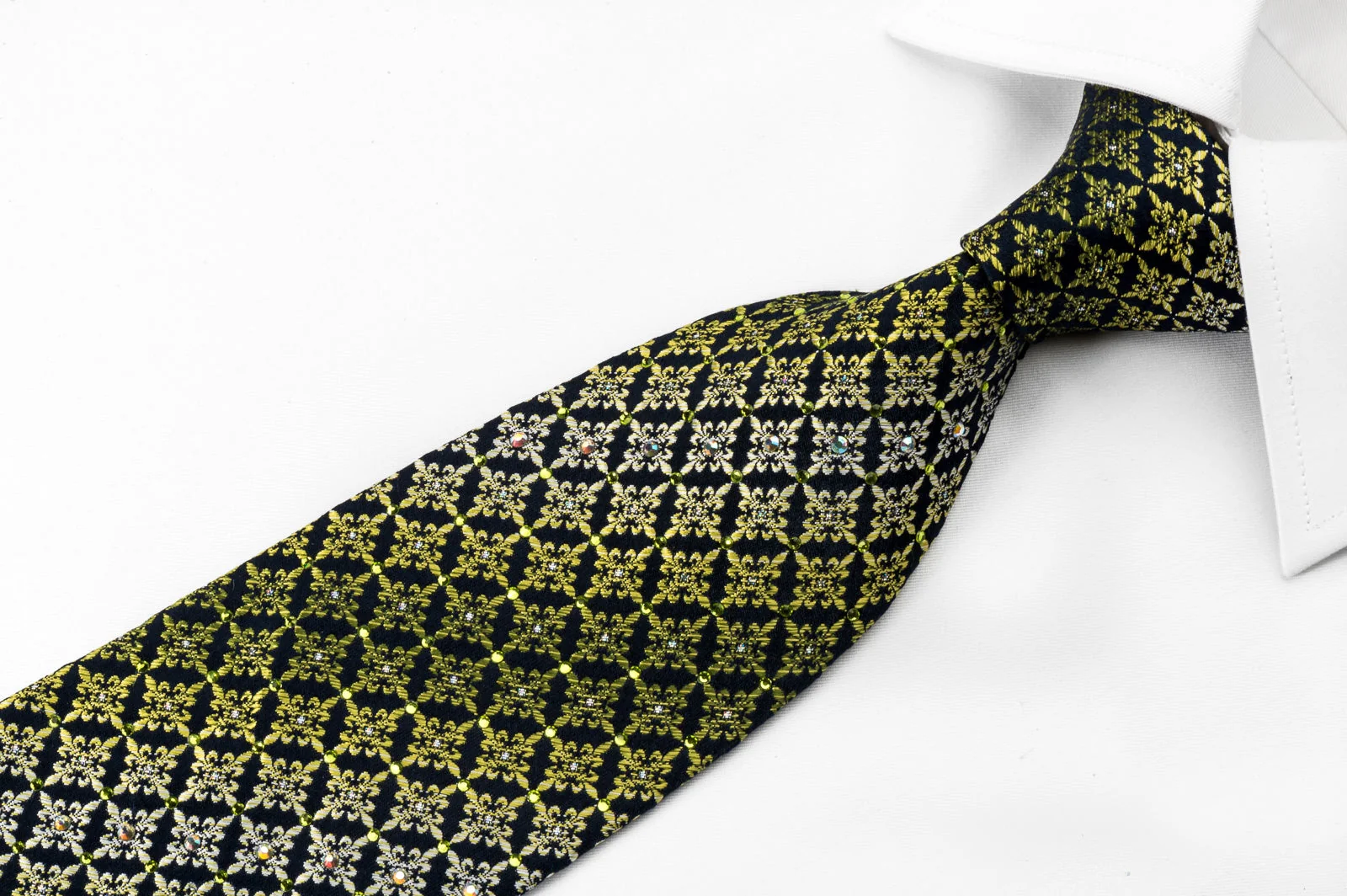 Renoma Silk Rhinestone Necktie Green Flur de Lis On Navy With Sparkles - Image 2