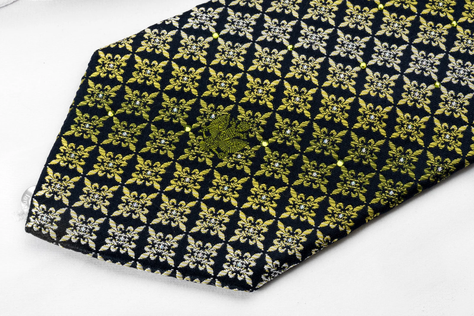 Renoma Silk Rhinestone Necktie Green Flur de Lis On Navy With Sparkles - Image 3