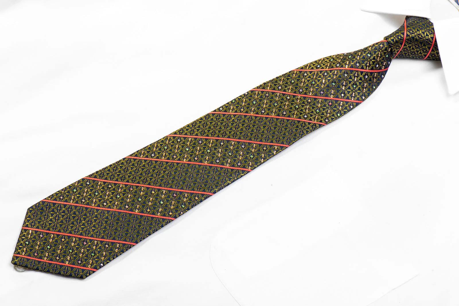 Renoma Silk Rhinestone Necktie Green Geometric Orange Striped On Navy With Sparkles - Image 4
