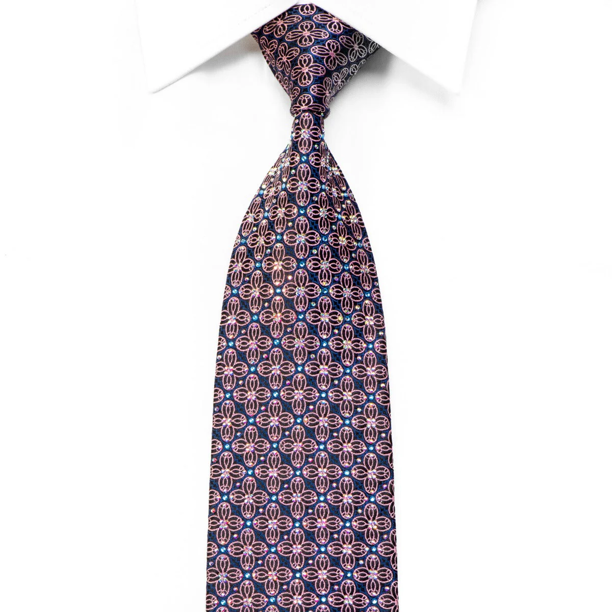 Renoma Silk Rhinestone Necktie Pink Geometric On Black