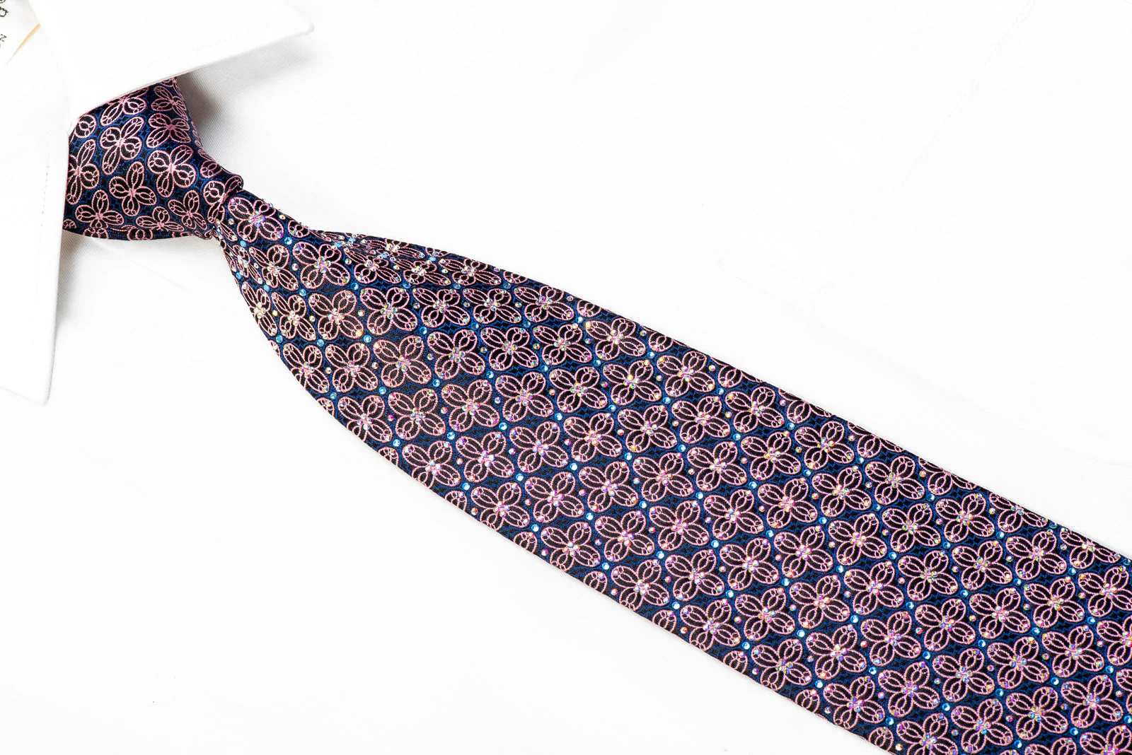 Renoma Silk Rhinestone Necktie Pink Geometric On Black - Image 2