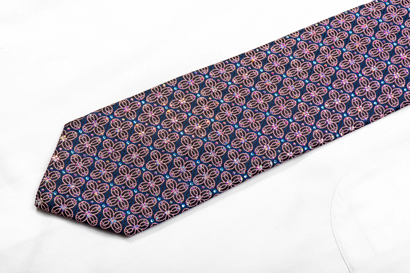 Renoma Silk Rhinestone Necktie Pink Geometric On Black - Image 3