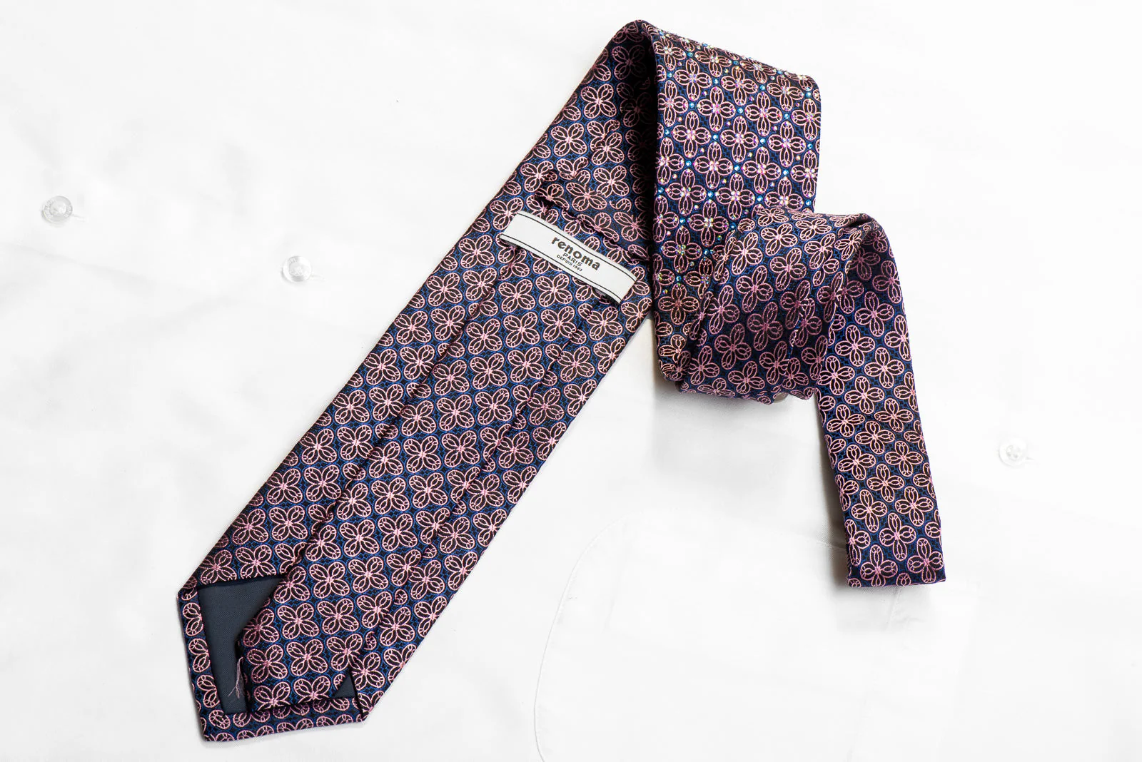 Renoma Silk Rhinestone Necktie Pink Geometric On Black - Image 5