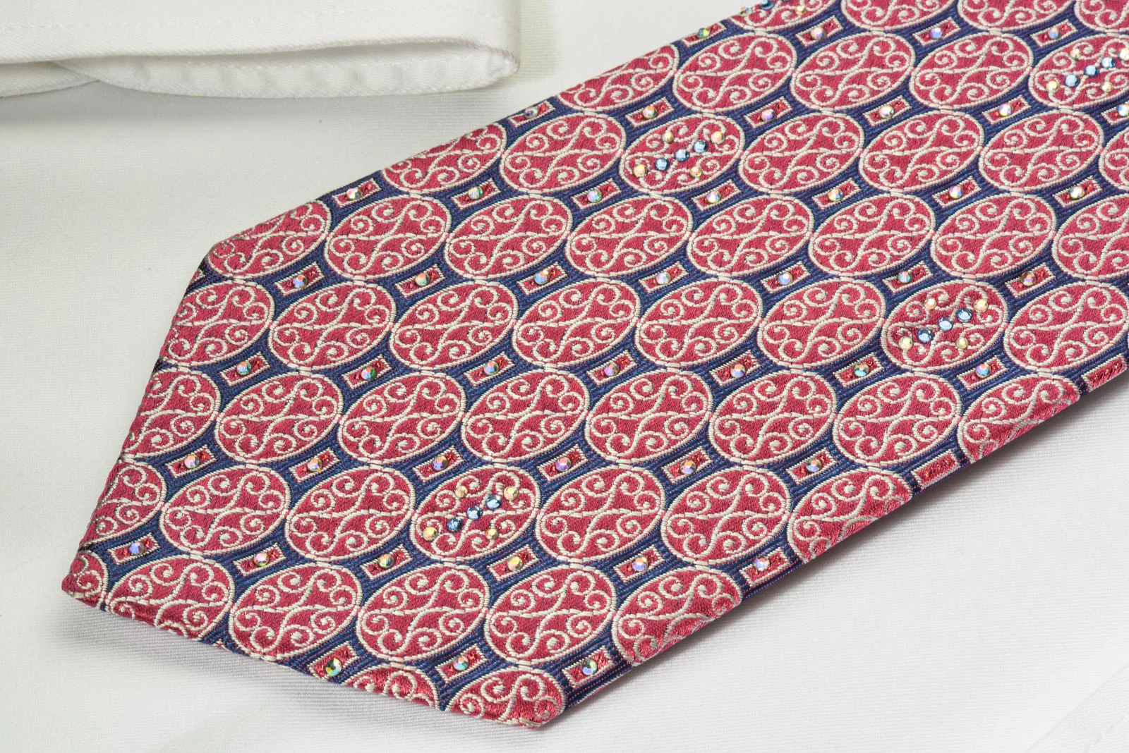 Renoma Silk Rhinestone Necktie Red Medallions On Blue Silk - Image 2