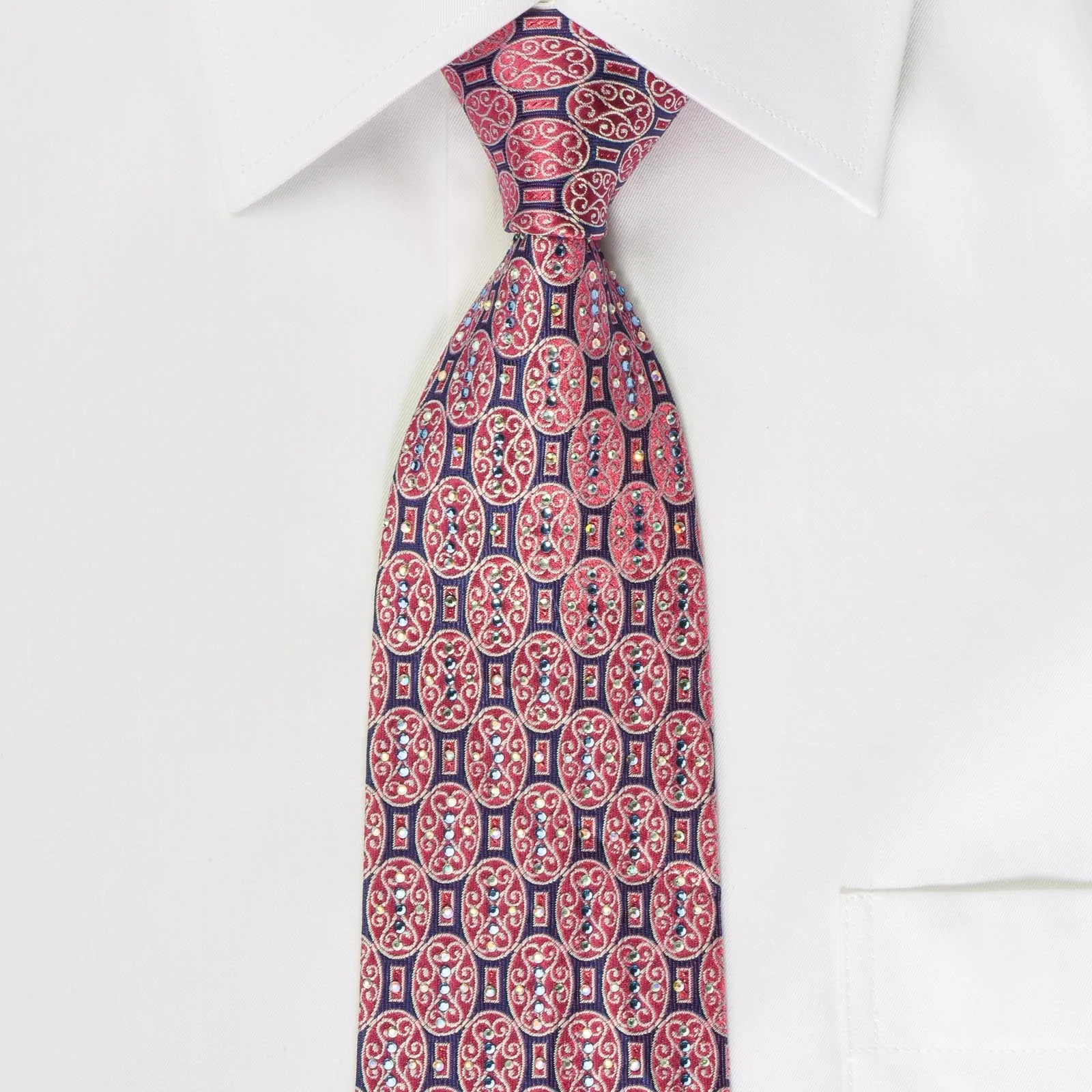 Renoma Silk Rhinestone Necktie Red Medallions On Blue Silk - Image 5