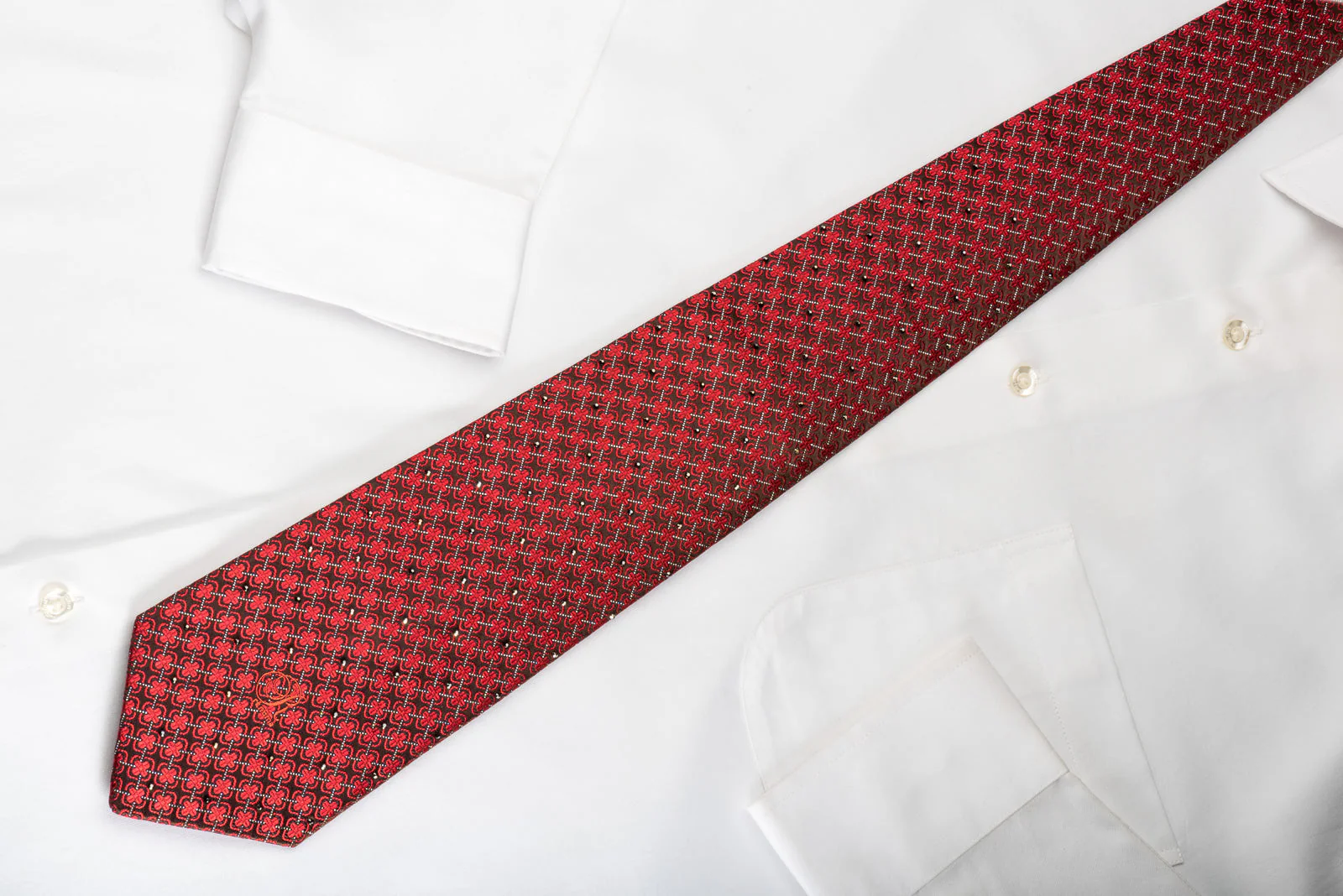 Renoma Silk Rhinestone Necktie Red Quatrefoil Trellis On Burgundy With Sparkles - Image 4