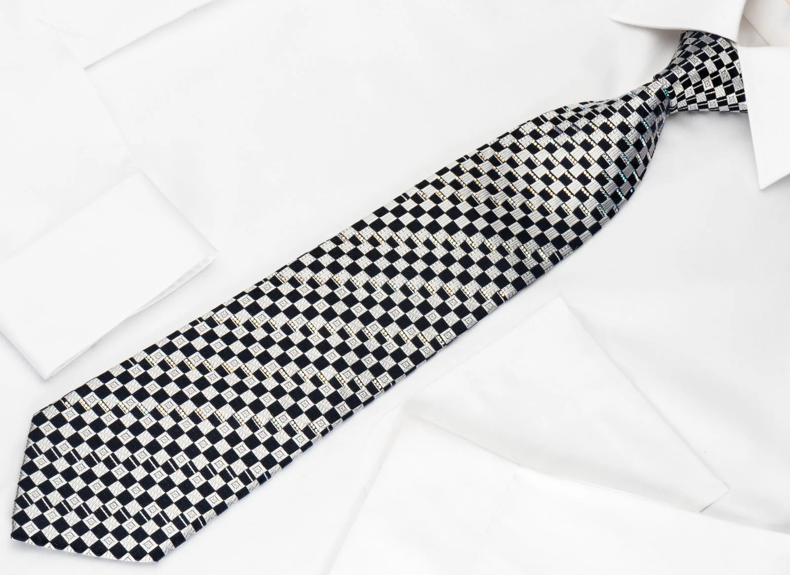 Renoma Silk Rhinestone Necktie Silver Blue Checker with Silver Sparkles - Image 3