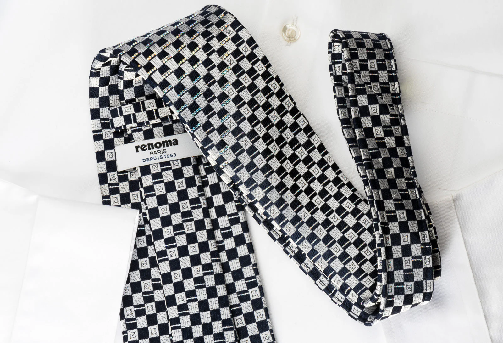 Renoma Silk Rhinestone Necktie Silver Blue Checker with Silver Sparkles - Image 4