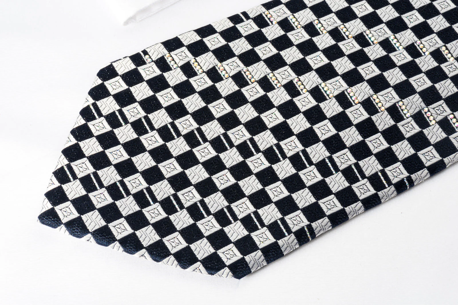 Renoma Silk Rhinestone Necktie Silver Blue Checker with Silver Sparkles - Image 5