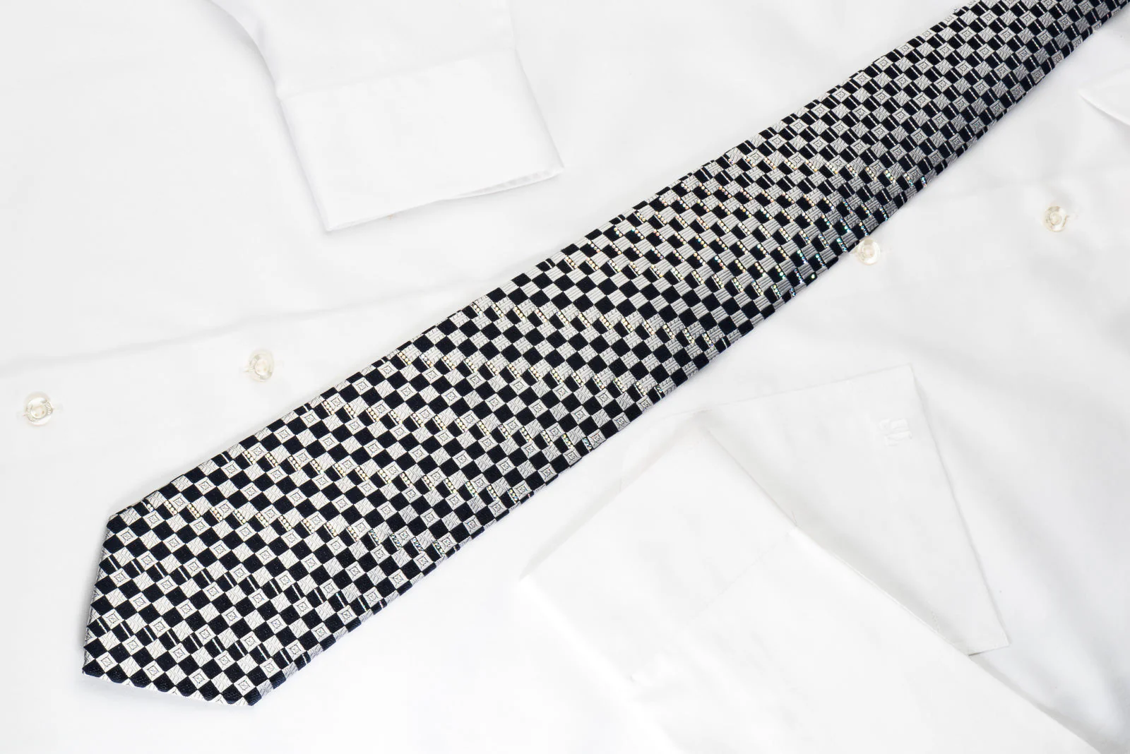 Renoma Silk Rhinestone Necktie Silver Blue Checker with Silver Sparkles - Image 7
