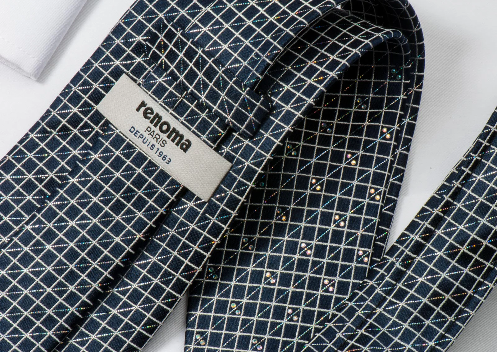 Renoma Silk Rhinestone Necktie Silver Mesh On Black With Diagonal Sparkles - Image 2