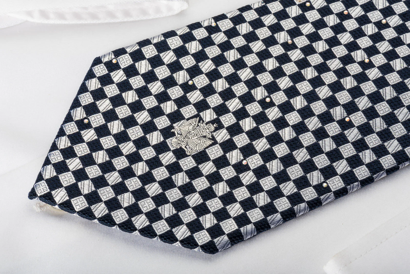 Renoma Silk Rhinestone Necktie Silver Navy Checkered With Silver Sparkles - Image 2