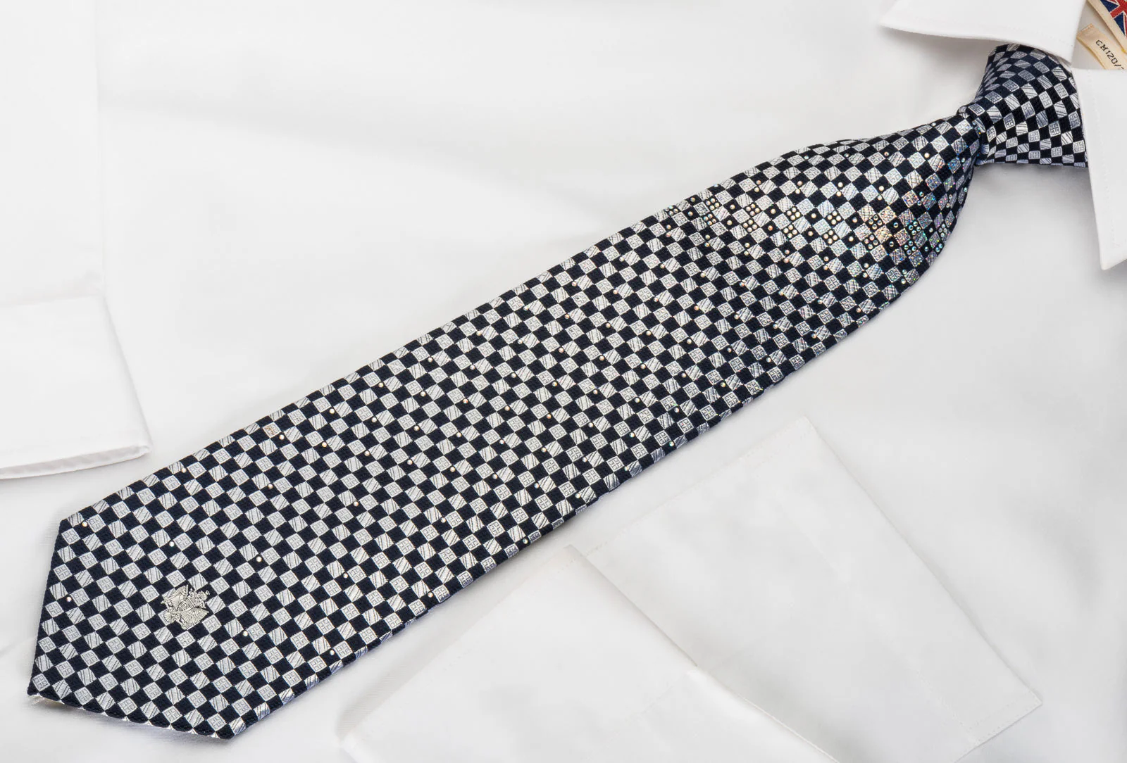 Renoma Silk Rhinestone Necktie Silver Navy Checkered With Silver Sparkles - Image 4