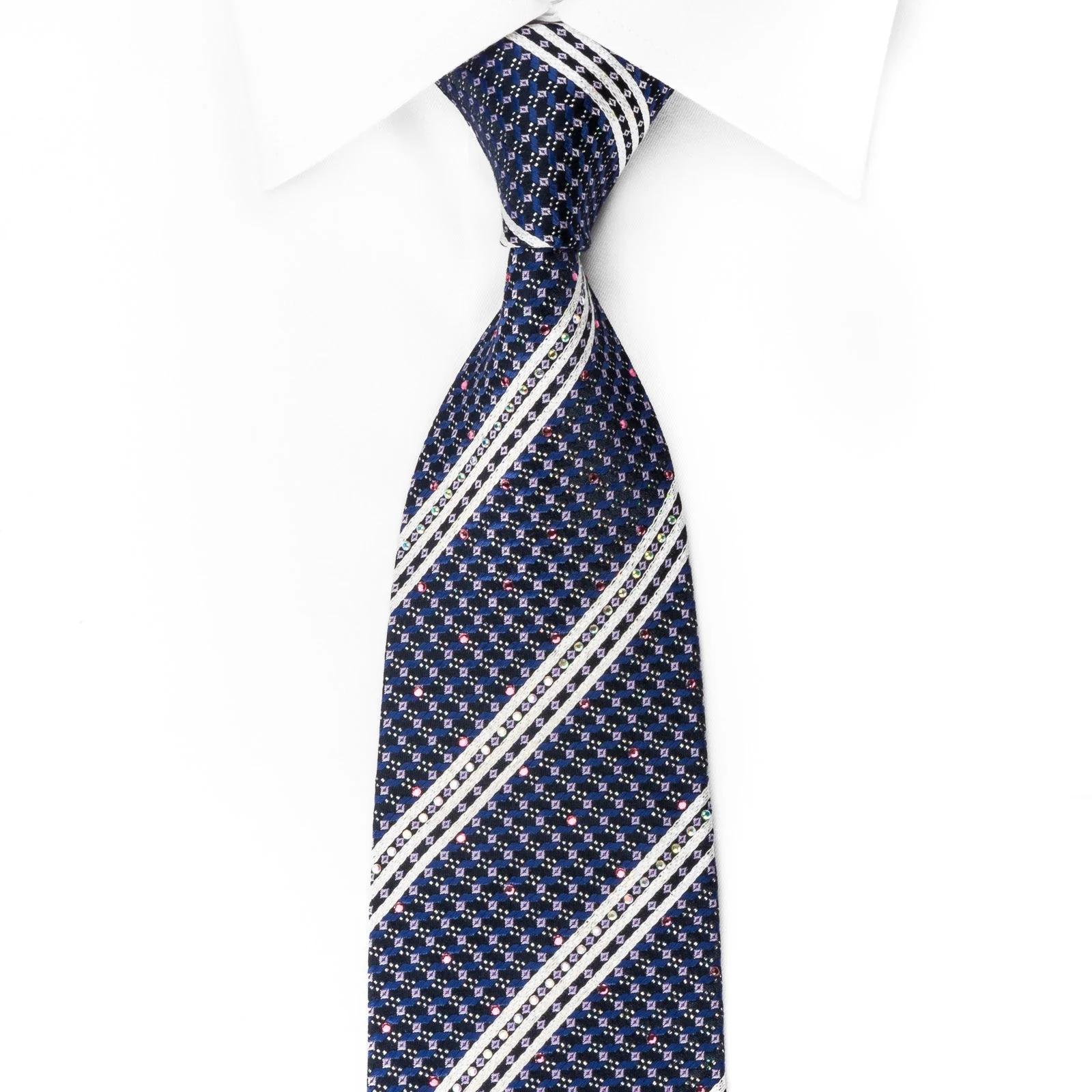 Renoma Silk Rhinestone Necktie Silver Striped On Blue With Silver Sparkles