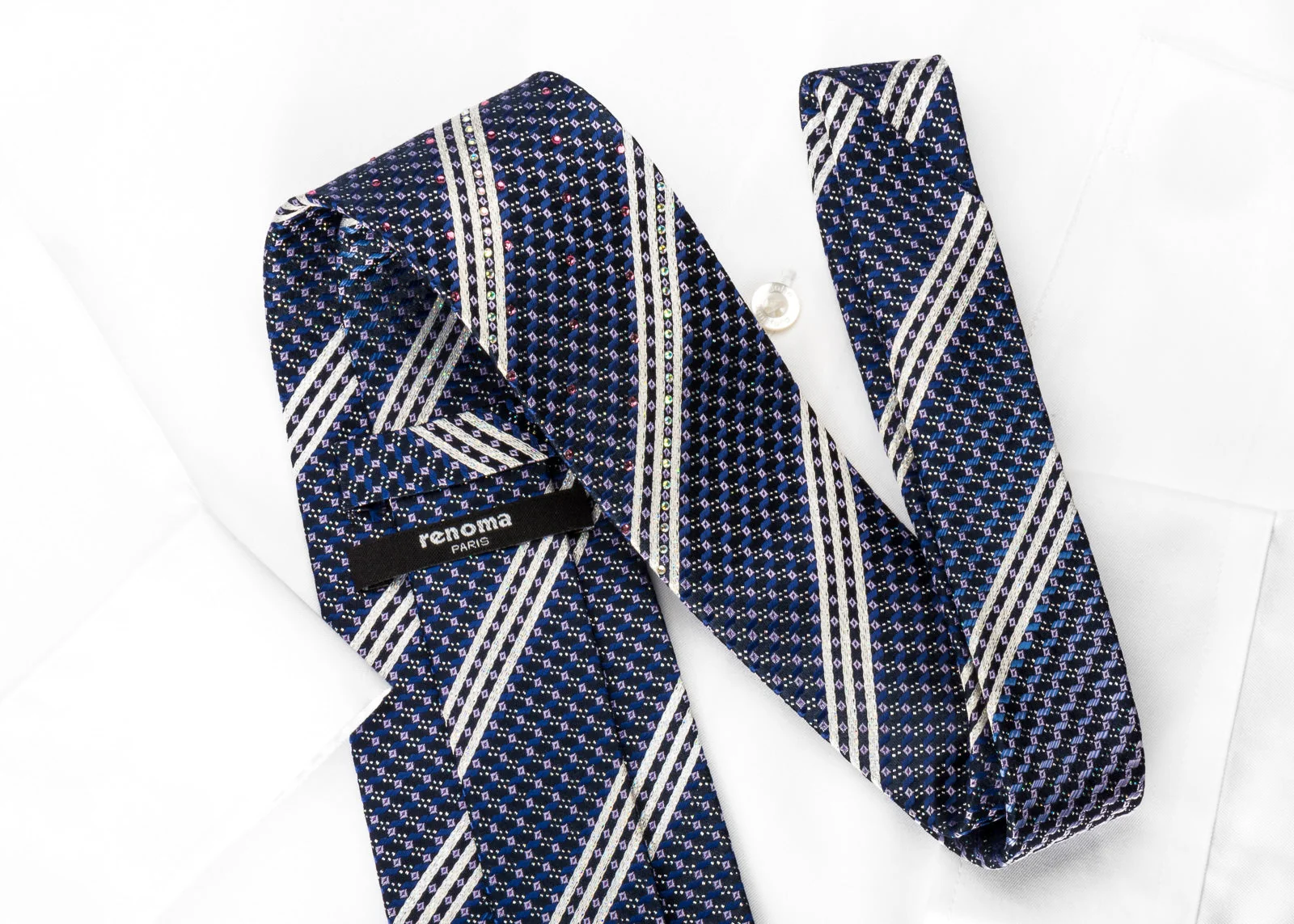 Renoma Silk Rhinestone Necktie Silver Striped On Blue With Silver Sparkles - Image 4
