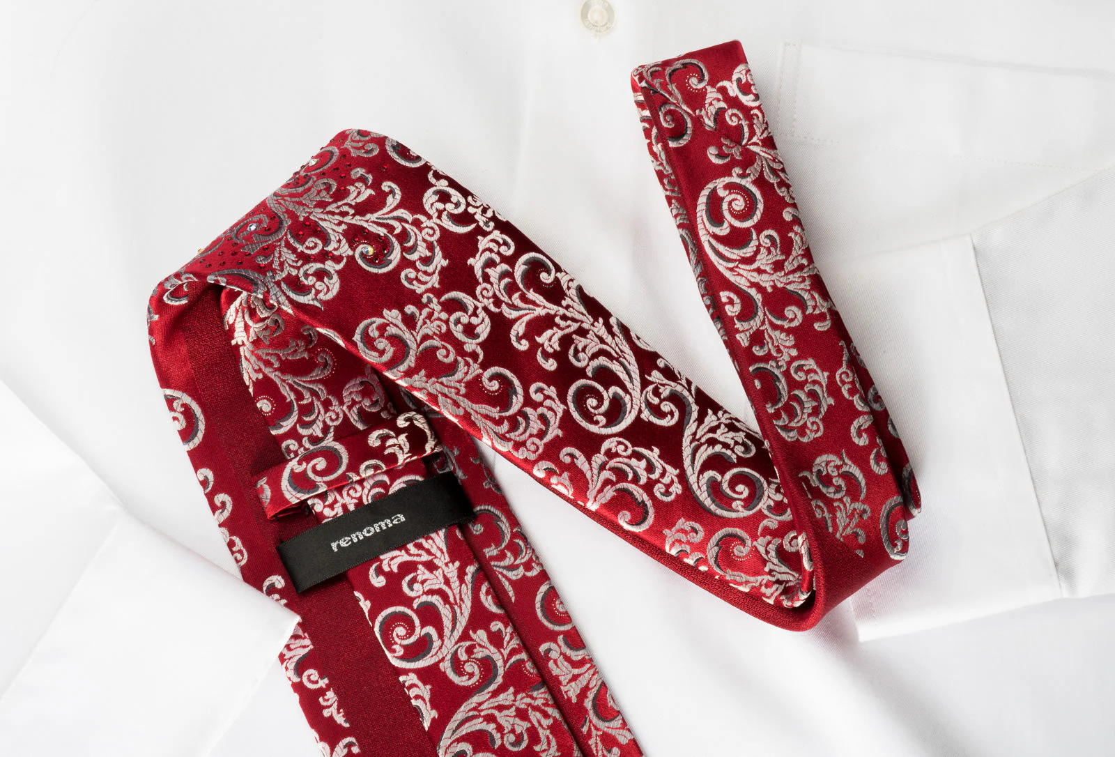 Renoma Silk Rhinestone Necktie Silver Vines On Burgundy With Silver Sparkles - Image 4