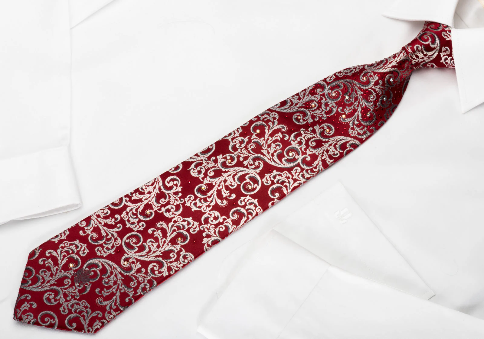Renoma Silk Rhinestone Necktie Silver Vines On Burgundy With Silver Sparkles - Image 5