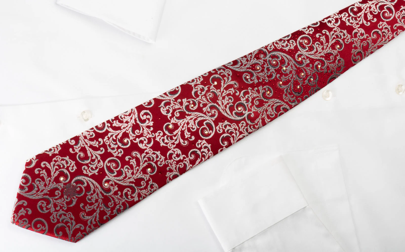 Renoma Silk Rhinestone Necktie Silver Vines On Burgundy With Silver Sparkles - Image 7