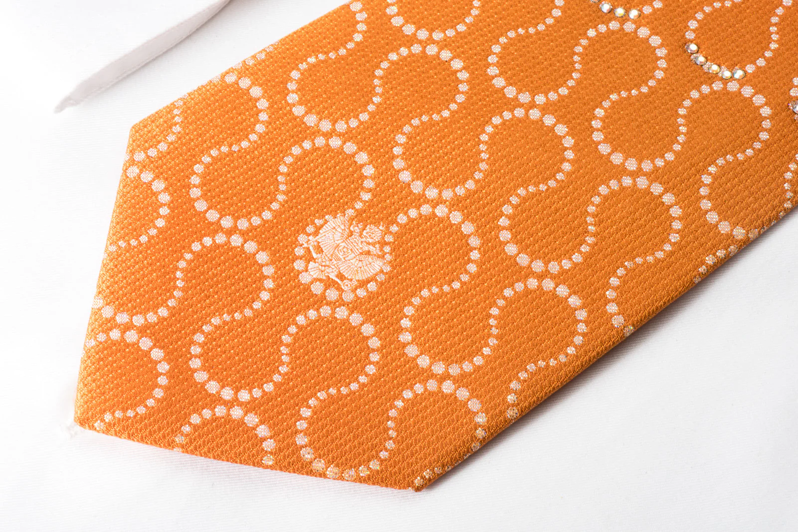 Renoma Silk Rhinestone Necktie Silver Waves On Orange With Silver Sparkles - Image 6