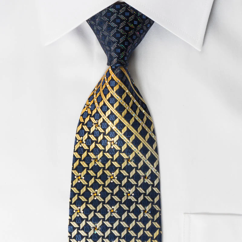 Renoma Silk Rhinestone Necktie Yellow Stripes On Blue With Silver Sparkles