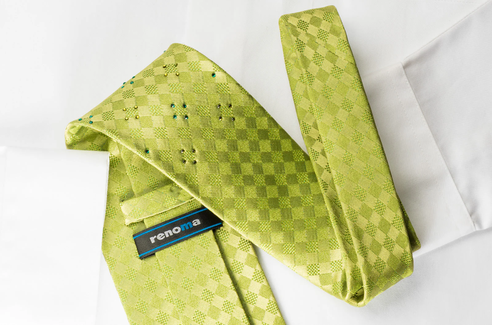 Renoma Silk Rhinestone Tie Checker On Green With Green Sparkles - Image 3