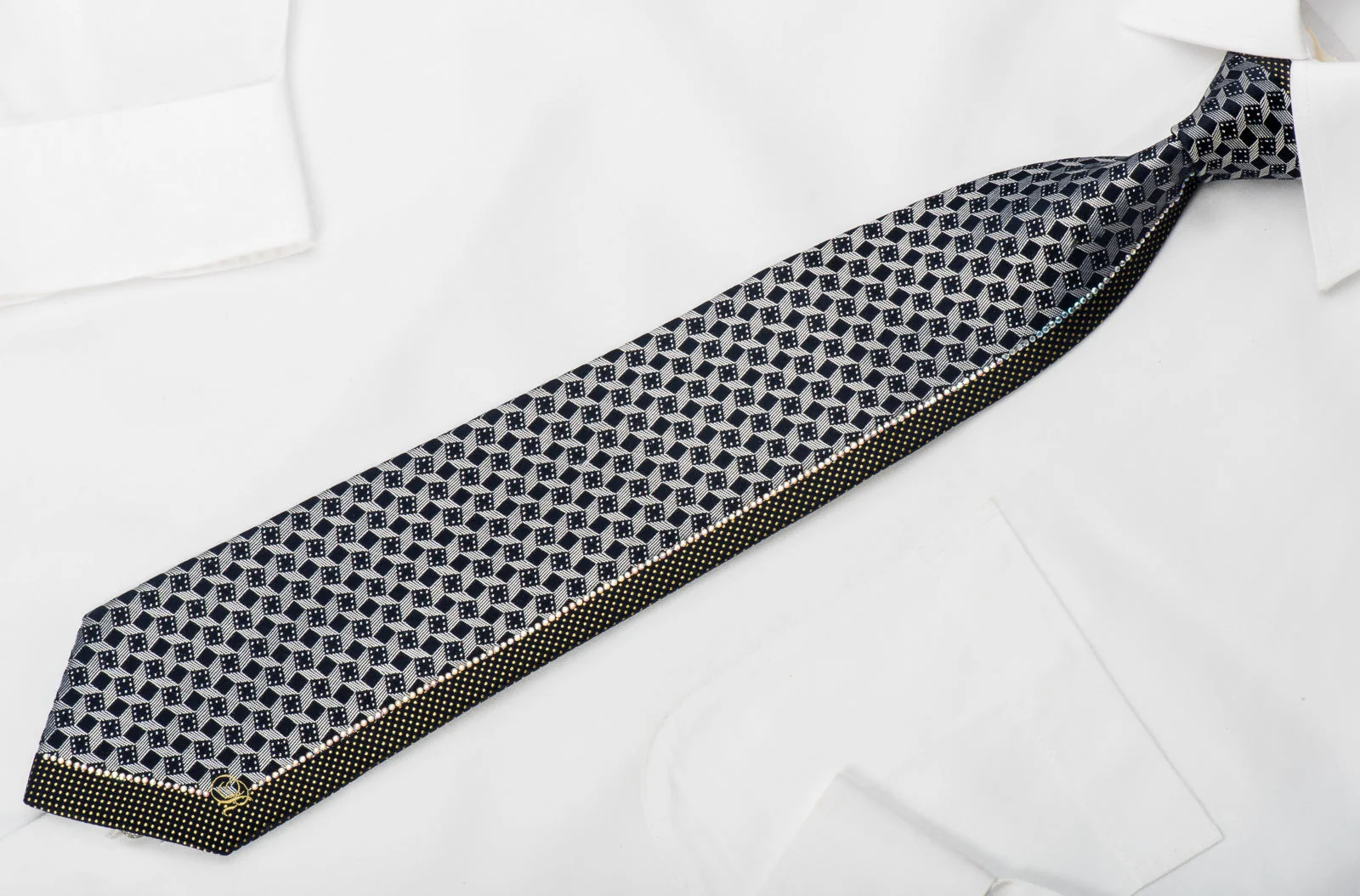 Renoma Silk Rhinestone Tie Silver Navy Geometric With Sparkles - Image 3