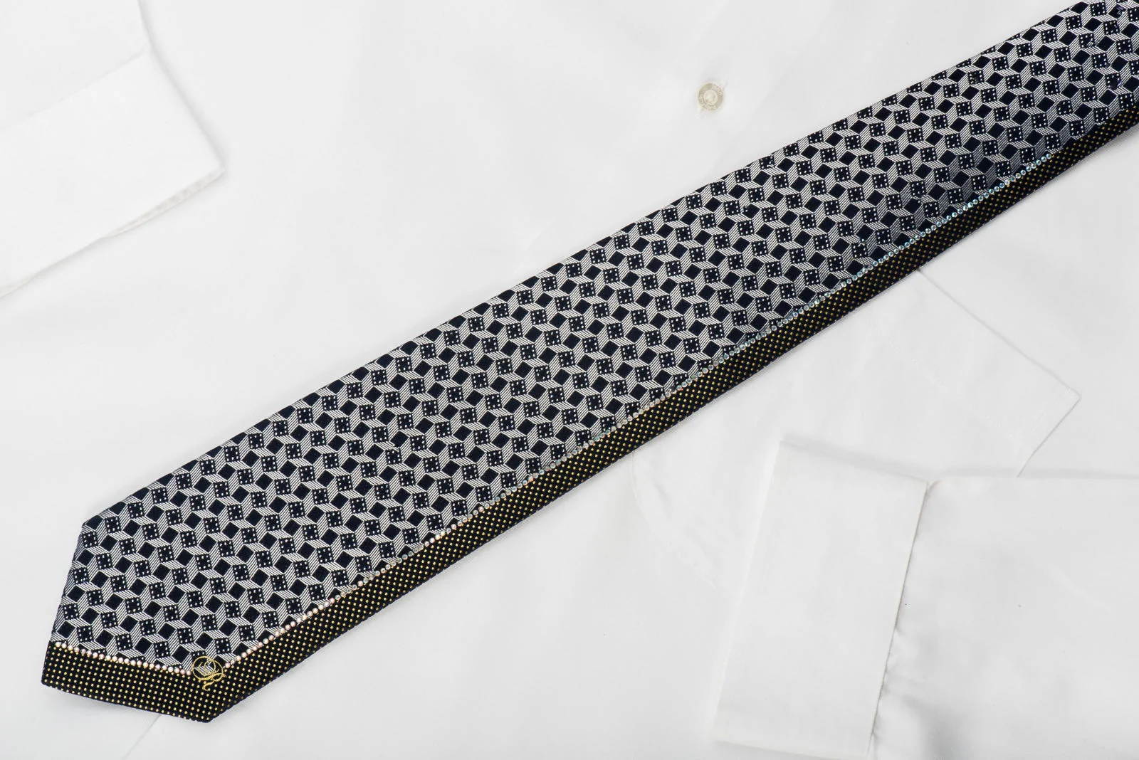 Renoma Silk Rhinestone Tie Silver Navy Geometric With Sparkles - Image 4