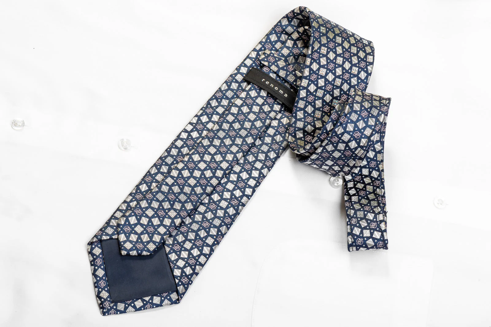 Renoma Silk Rhinestone Tie Silver Geometric Squares On Navy With Sparkles - Image 4