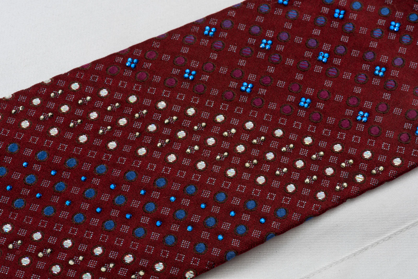 Renoma Silk Tie Geometric Dots On Burgundy With Blue Rhinestones & Silver Sparkles - Image 7
