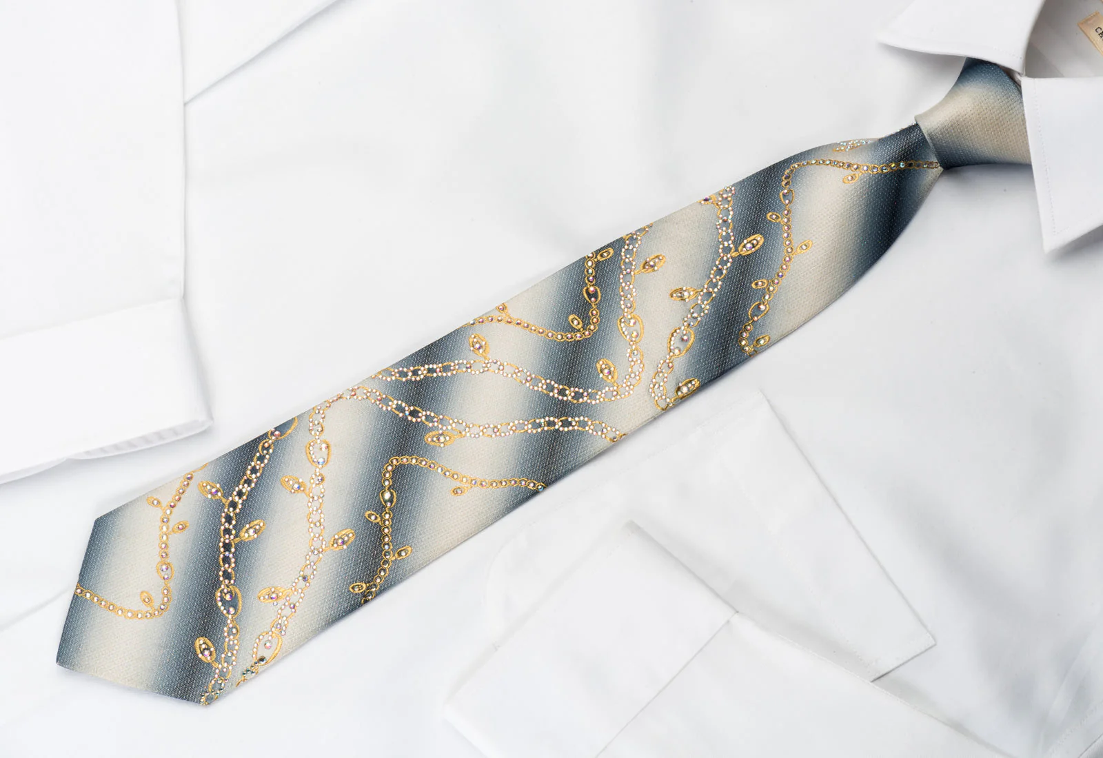 Renoma Silk Tie Golden Chains On Graduating Gray With Rhinestones - Image 2