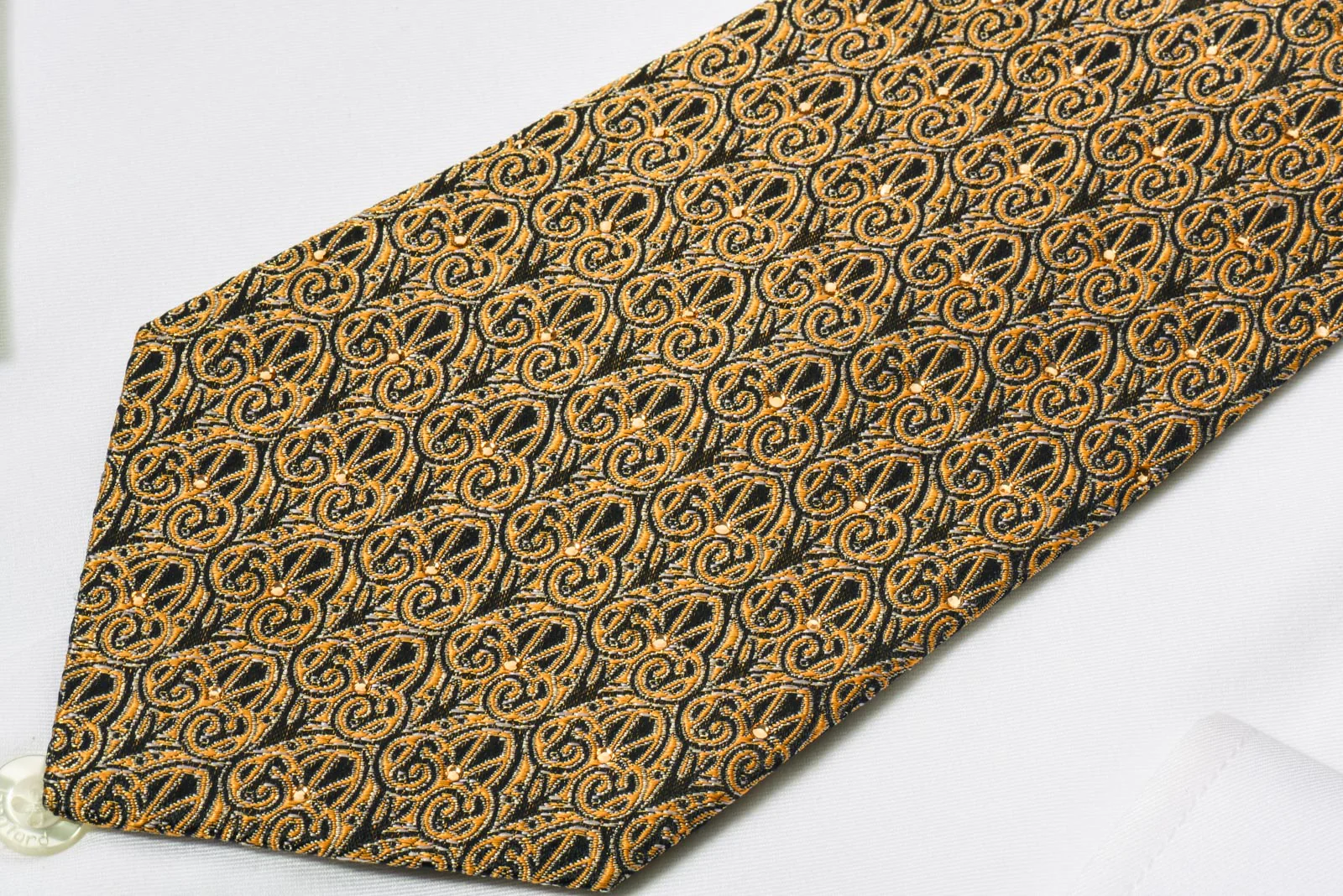 Renoma Silk Tie Golden Flur De Lis On Black Silk With Rhinestones - Image 2