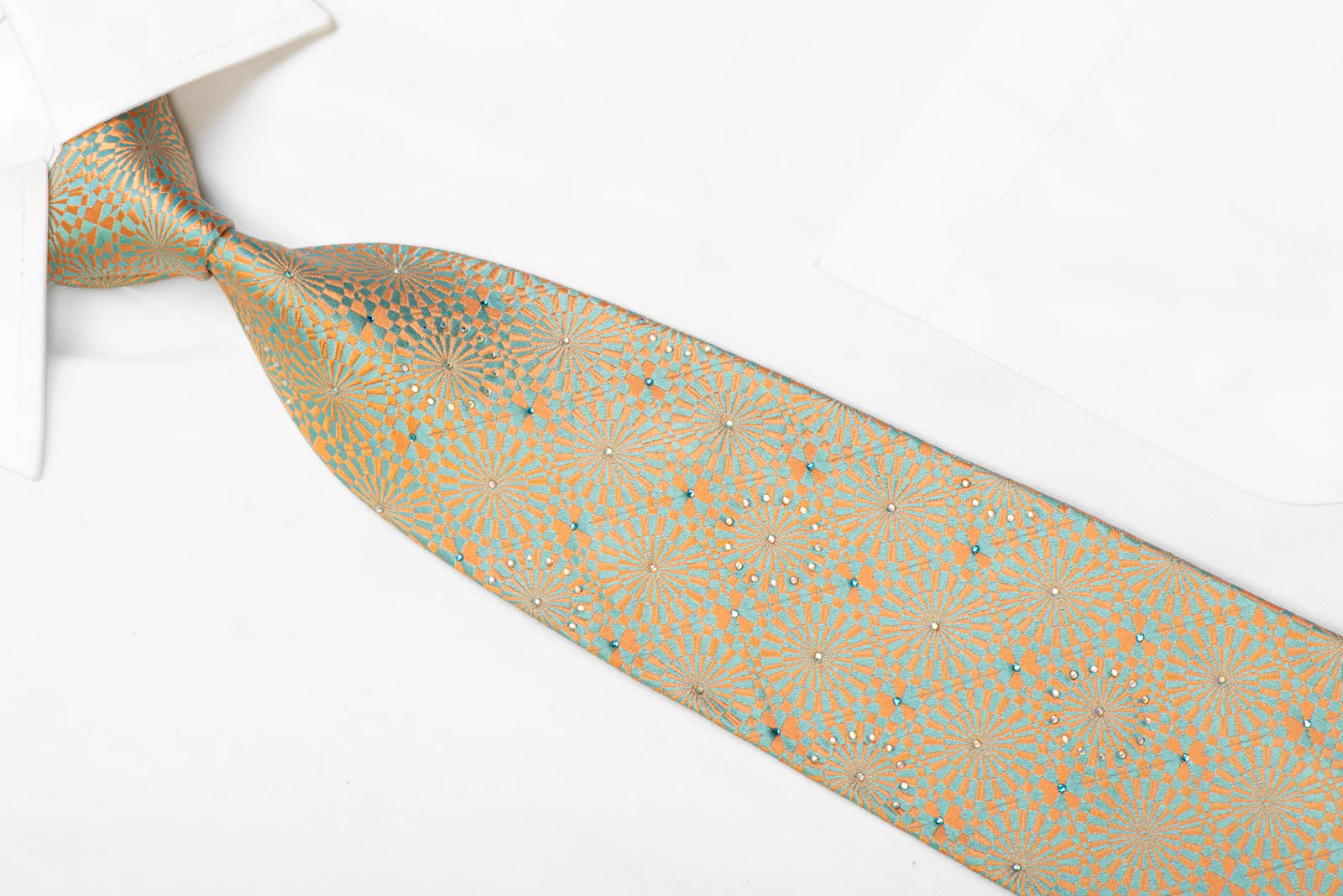 Renoma Silk Tie Pale Orange Blue Geometric With Rhinestones - Image 2