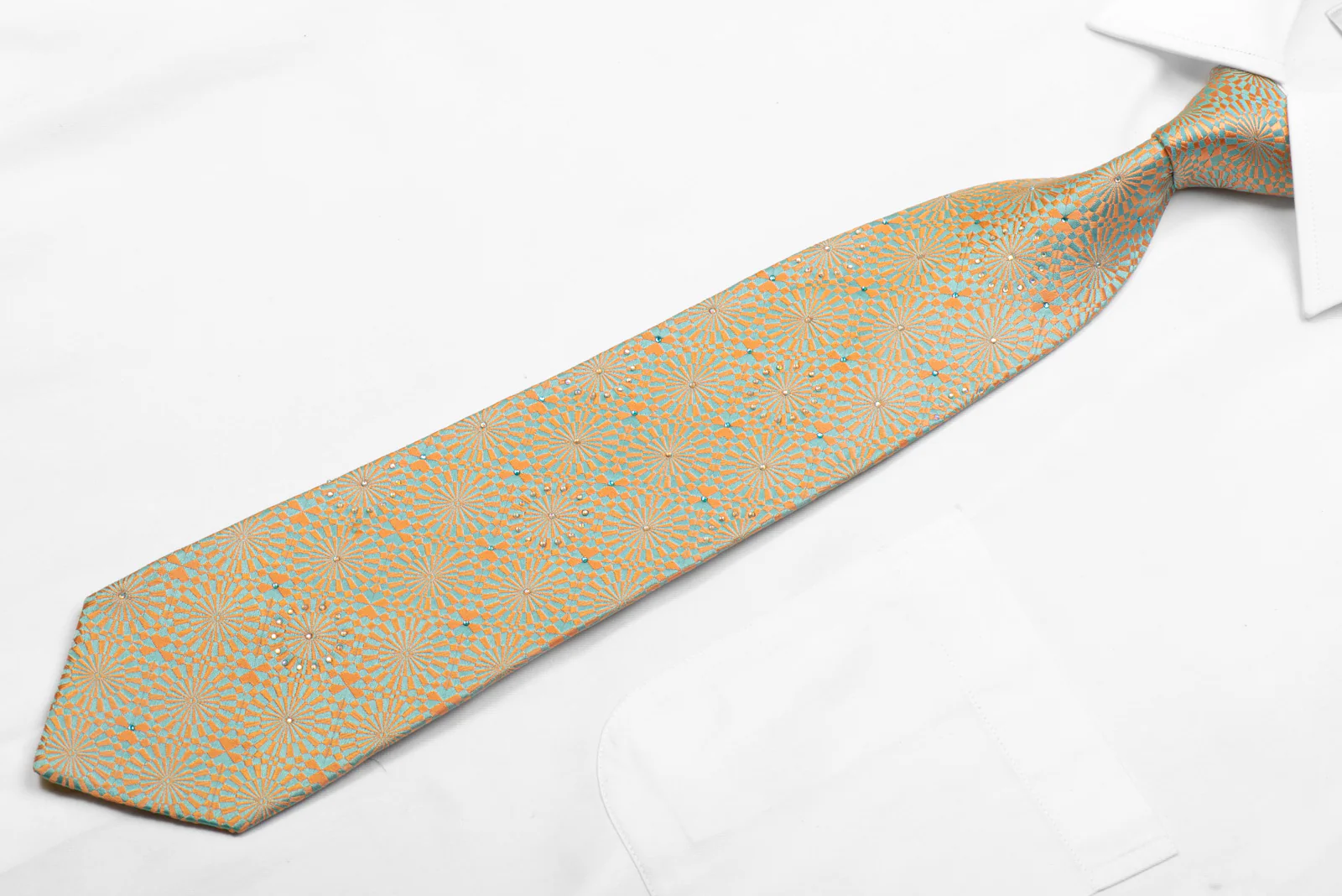 Renoma Silk Tie Pale Orange Blue Geometric With Rhinestones - Image 3