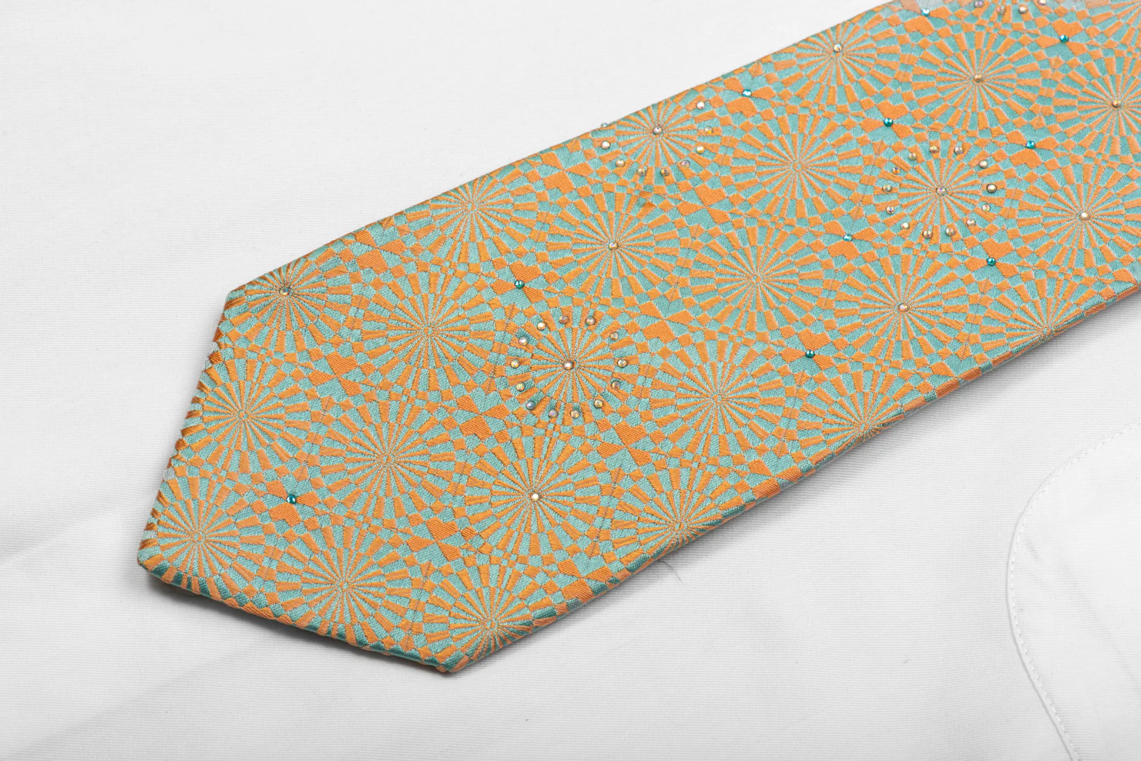 Renoma Silk Tie Pale Orange Blue Geometric With Rhinestones - Image 4