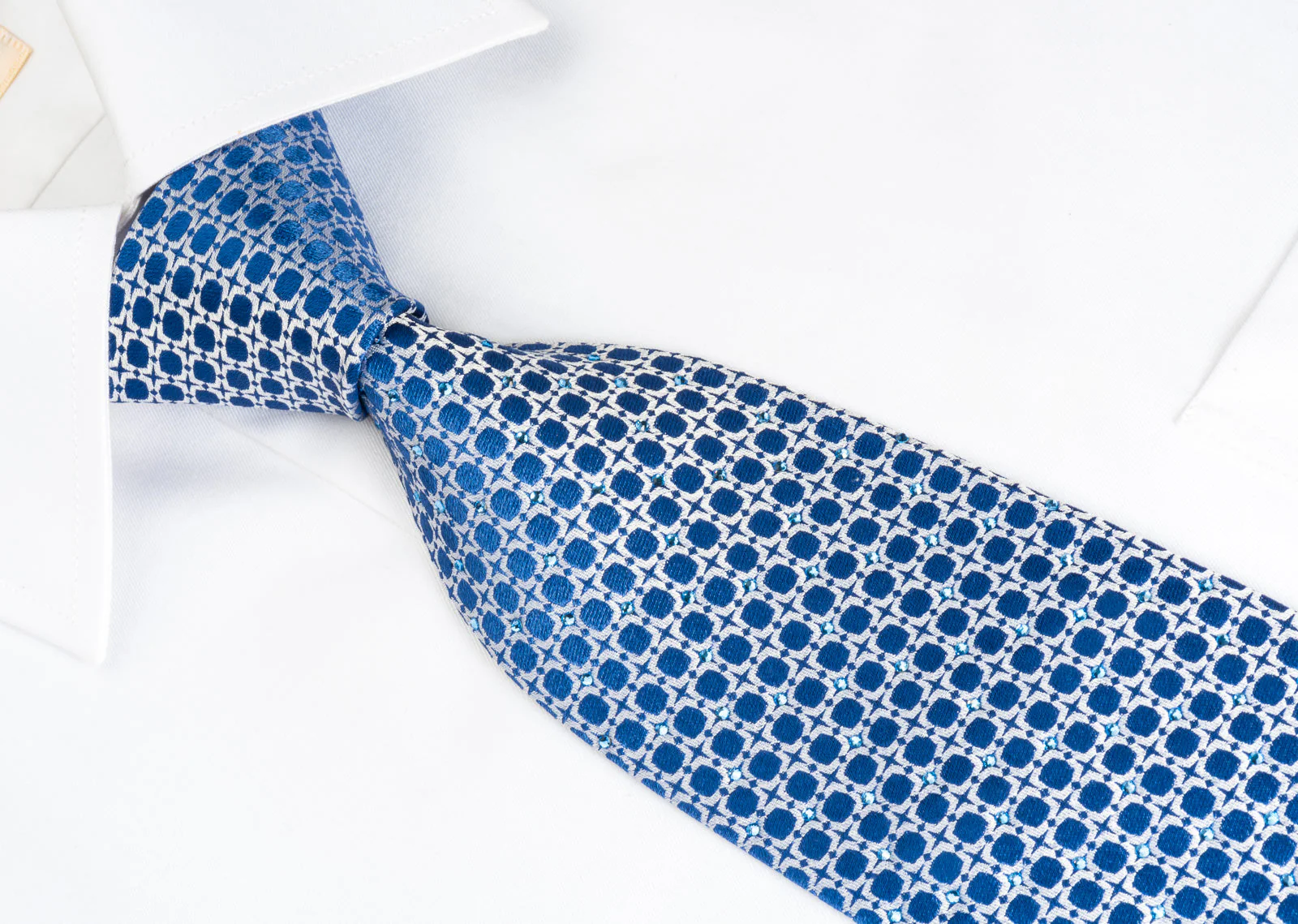 Renoma Silk Tie Silver Geometric On Blue With Rhinestones - Image 6