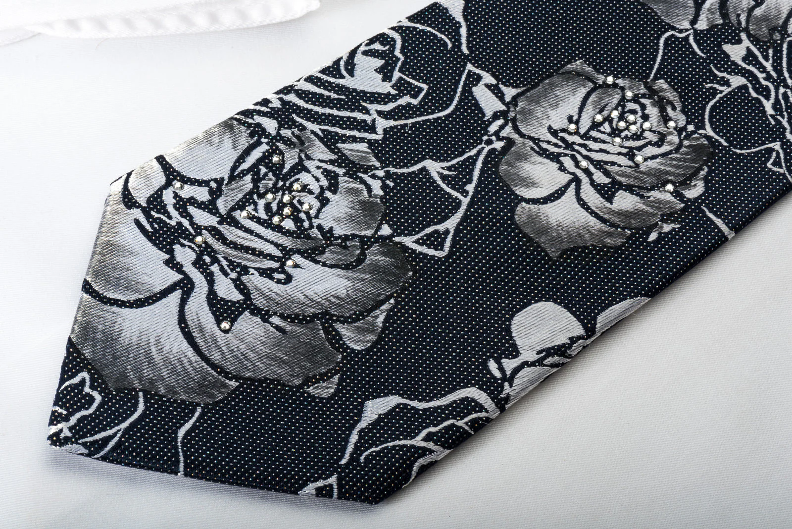 Renoma Silk Tie Silver Roses On Black Rhinestone Necktie With Sparkles - Image 4
