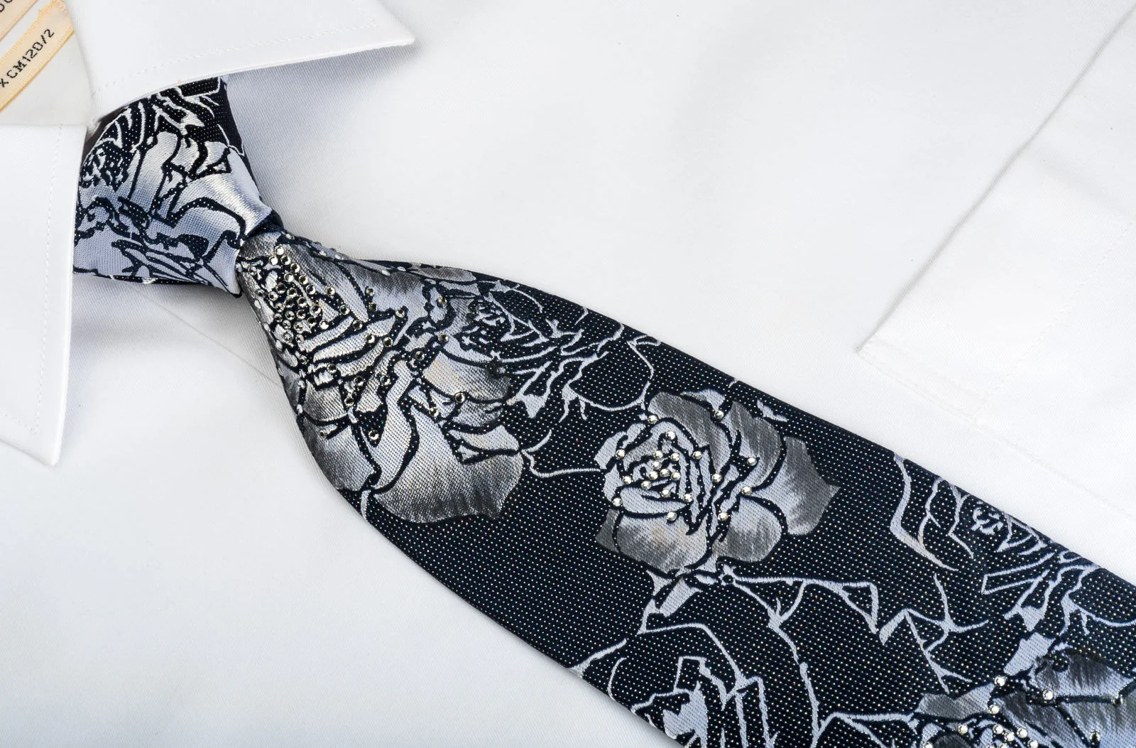 Renoma Silk Tie Silver Roses On Black Rhinestone Necktie With Sparkles - Image 7